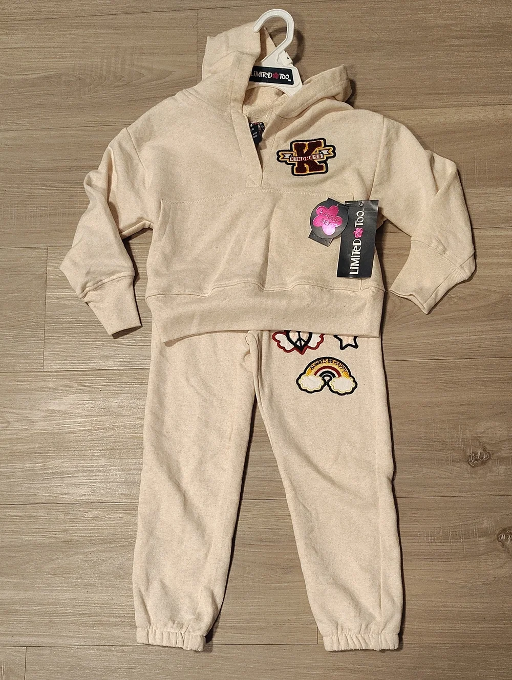 Limited Too Cream Hoodie & Jogger Set with Rainbow Patches